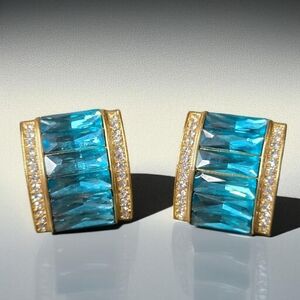 Oversized 18k Gold Plated Sparkling Blue Aquamarine Crystal Clip-on Earrings